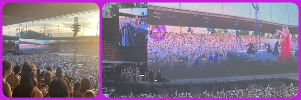 collage of concert of eras tour in Zurich, picture on the right being a close-up of the one of the right