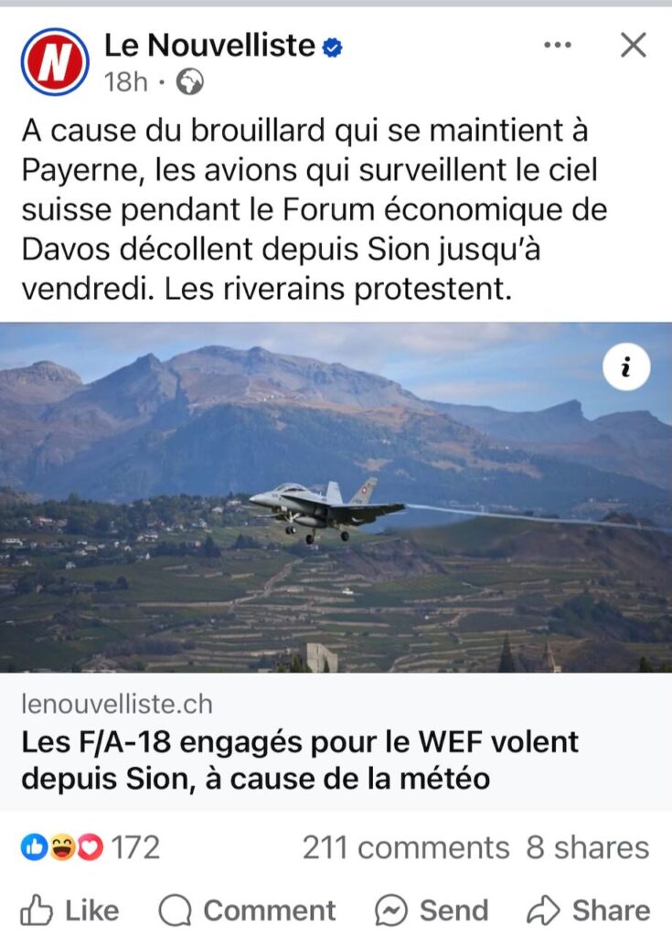 screenshot of a headline by the Nouvelliste saying the neighbourhood around Sion airport aren't happy with the fighter jets taking off from their airport because of poor visibility in Payerne during WEF